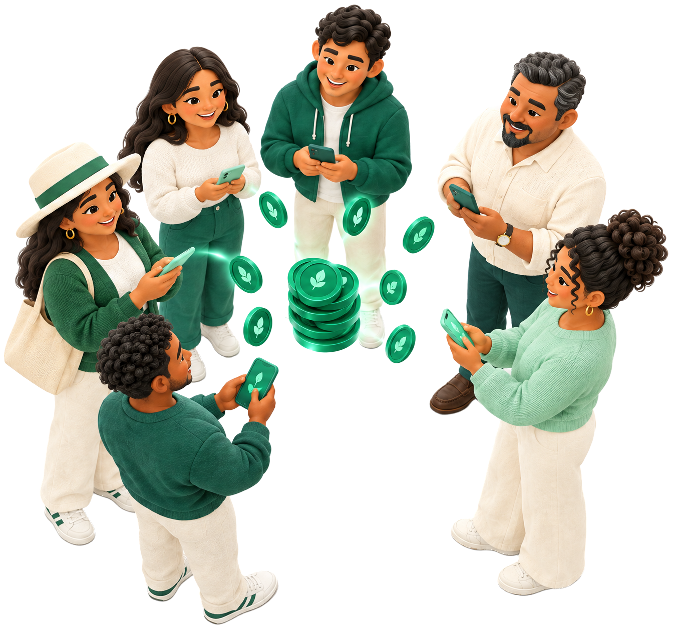 Un grupo de amigos sonrientes, cada uno con su teléfono, reunidos alrededor de una pila de monedas verdes.